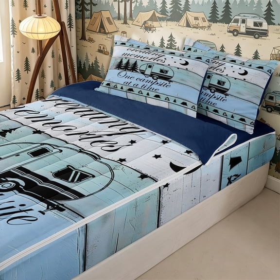 Homewish Teens Vintage RV Car Zipper Twin Comforter Sets with Fitted Sheet and 2 Pillowcases,Boys Girls Happy Camping Zipper Bedding Set,4-Piece,Navy Blue Reversible