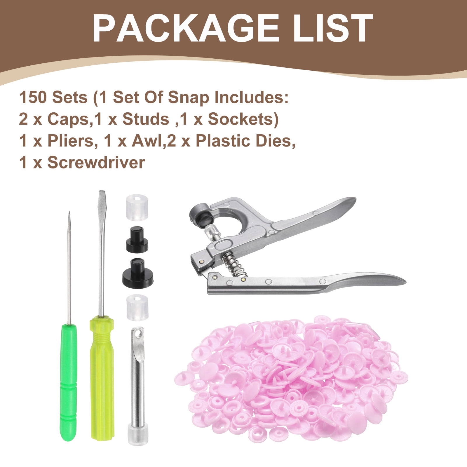 Uxcell Plastic Snaps Fasteners with Snap Pliers, 150 Set T5 Round Resin No-Sew Button Snap Fasteners Kit Pink