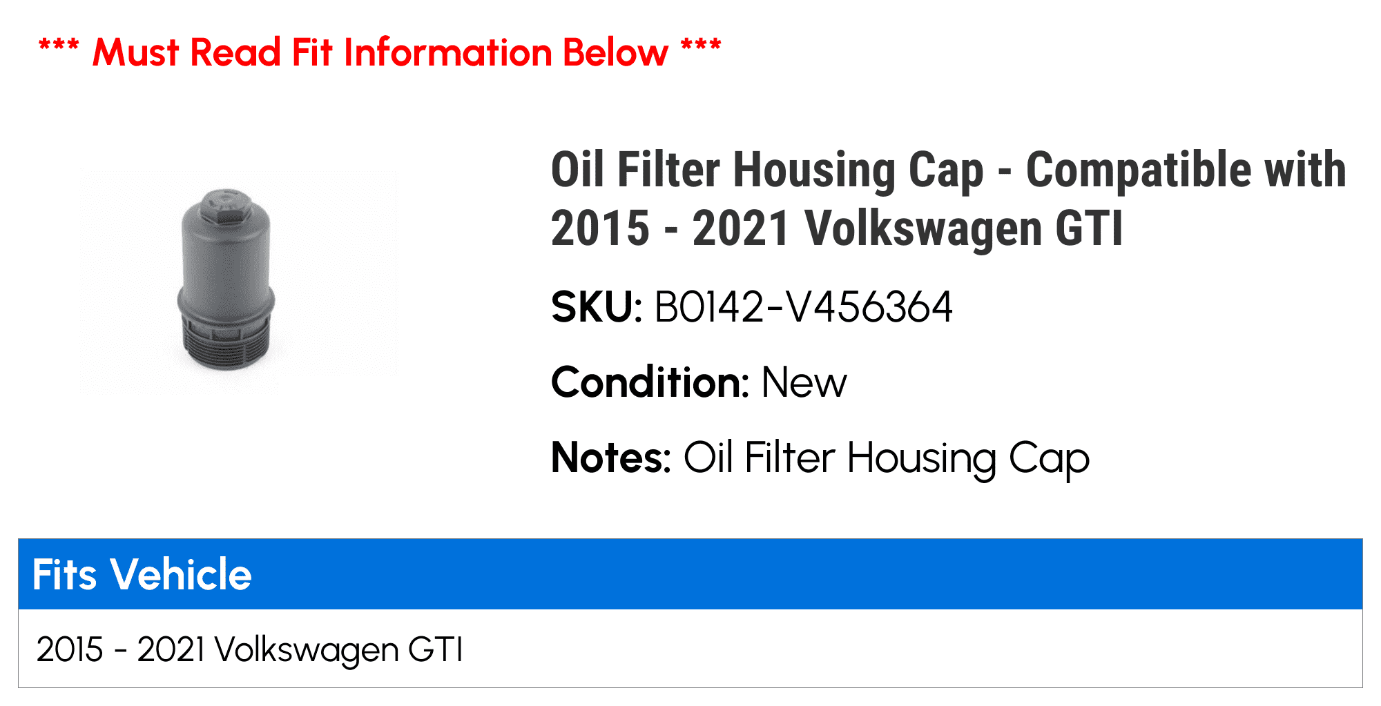 Oil Filter Housing Cap - Compatible with 2015 - 2021 Volkswagen GTI 2016 2017 2018 2019 2020