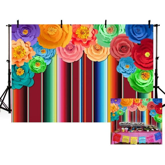 8x6ft Fiesta Theme Party Stripes Backdrop Cinco De Mayo Mexican Colorful Floral Festival Photography