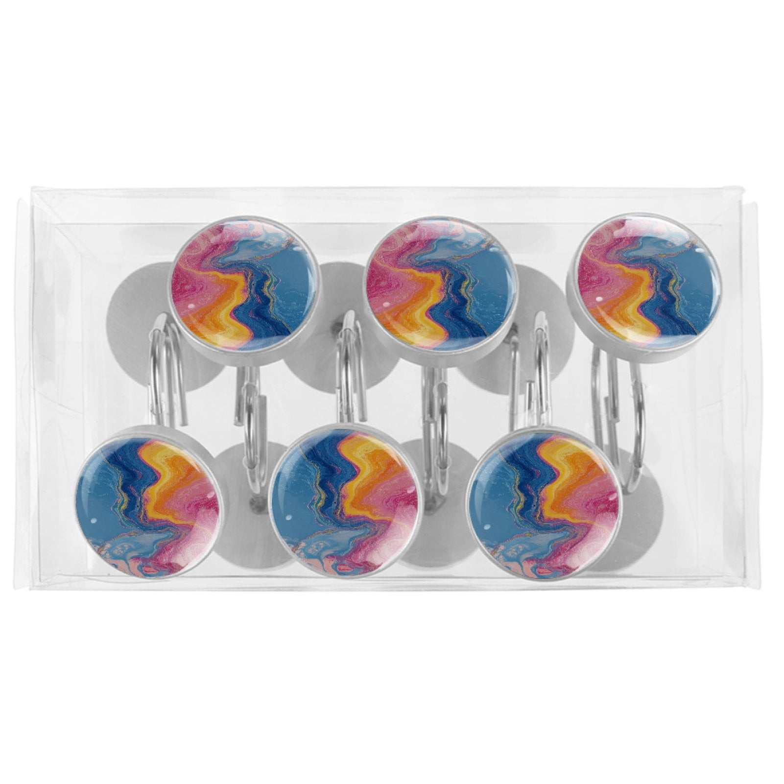 Blue Pink Marble Pattern 12 Pack Shower Curtain Hooks, Decorative Shower Rings for Shower Curtain Rods, Stainless Steel, Rust Resistant, Round Curtain Hooks for Bathroom