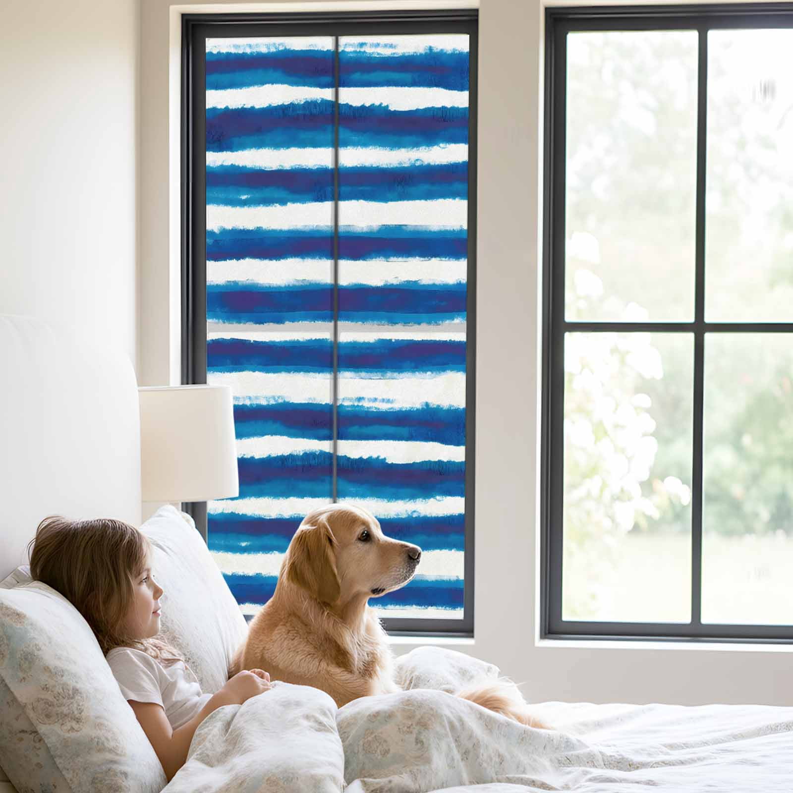 Blue Ombre Window Privacy Film, Stripe Abstract Mottled Texture Stripe Frosted Glass Window Clings Static Cling UV Heat Blocking Reusable Door Sticker for Bathroom 23.6 x 59 Inch