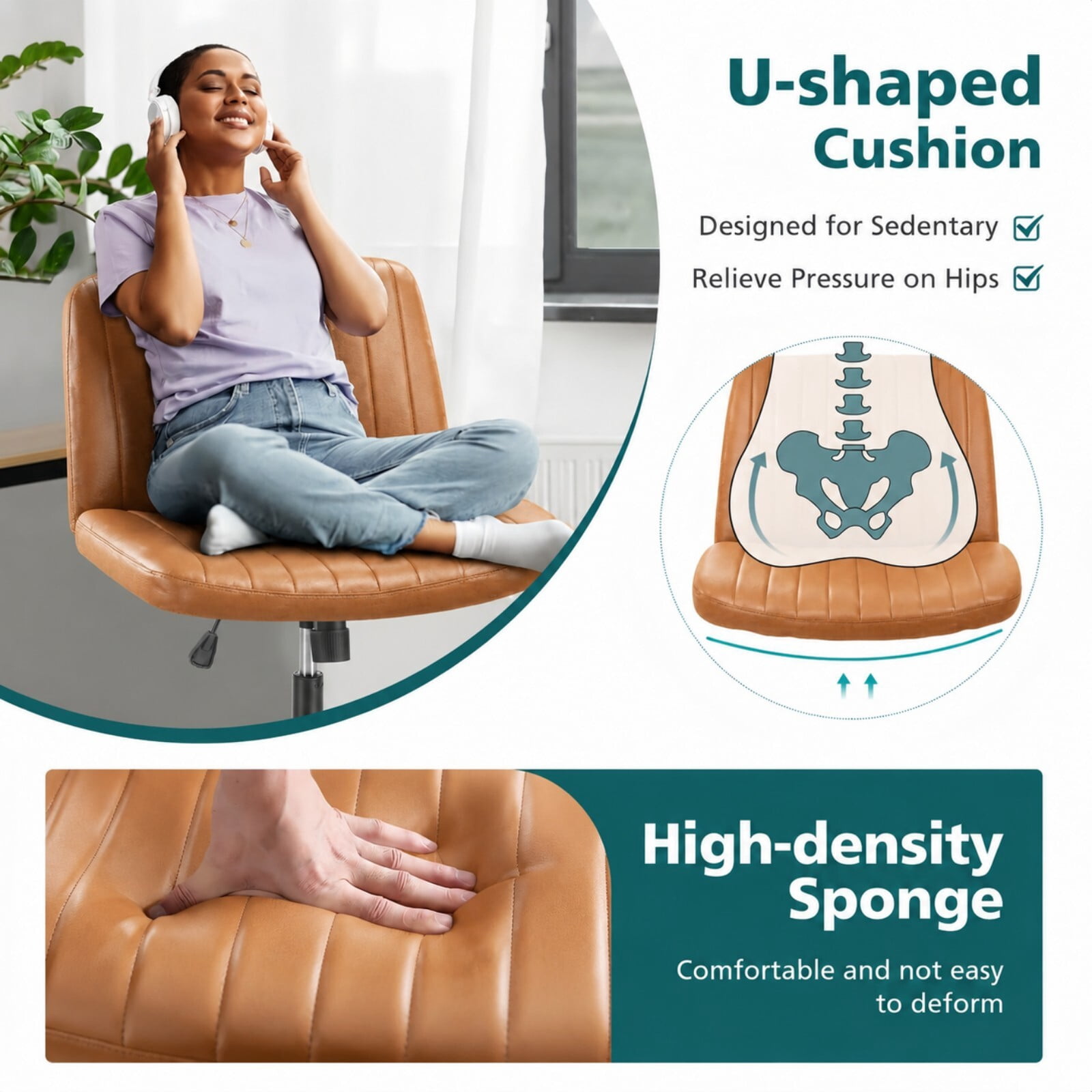 Kelno Armless Criss Cross Office Chair with Wheels 300lb Capacity Wide Seat Cross Legged Desk Chair Height Adjustable Swivel Vanity Chair, Brown PU