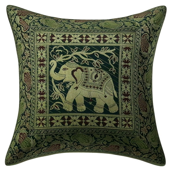 Stylo Culture Indian Sofa Throw Pillow Cover 16 x 16 Jacquard Dark Green Square 40 x 40 cm Home Decor Accent Pillowcase Brocade Elephant Zippered Cushion Cover | 1 Pc