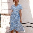 thumbnail image 2 of safuny Women's Tea Length A Line Dress Clearance Daisy Floral Print Summer V Neck Dress Bandage Empire Waist Retro Boho Short Sleeve Clothing Holiday Beach Blue M, 2 of 5