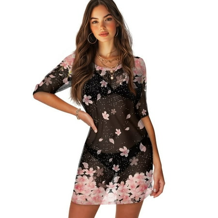 FKELYI Women s Swimsuit Cover Up Chiffon Fabric Bathing Suit Cover Ups Vintage Cherry Blossoms Print Breathable Coverup Half Sleeve Beachwear Dress for Summer Vacation Party  XL