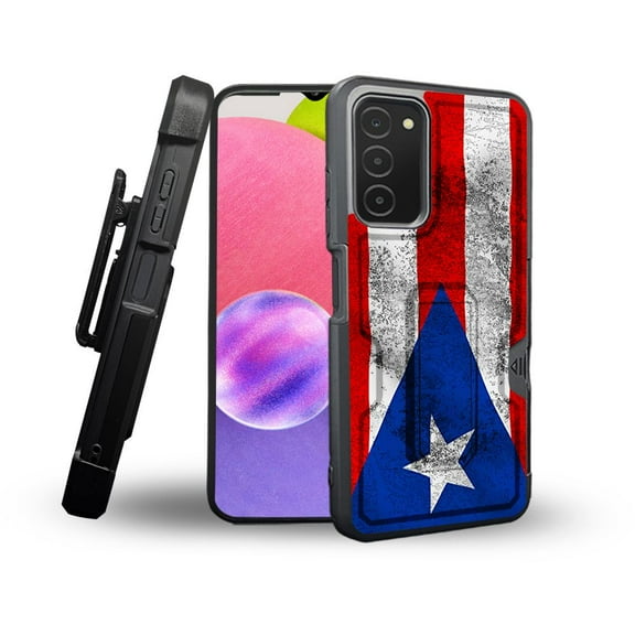 ANJ  Rugged Shockproof Holster Case Card Slot Kickstand   Tempered Glass Cover for Samsung Galaxy A03s - Vintage Puerto Rico Flag