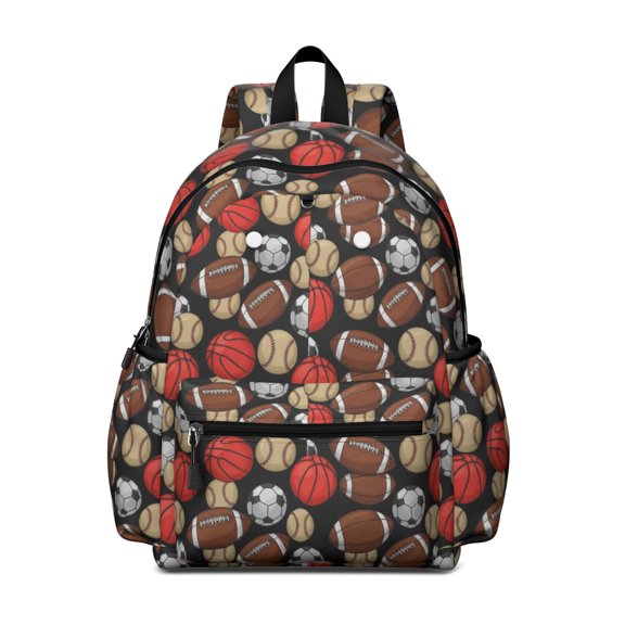 Football and Basketball Black Pattern Cute School Backpack with Padded Back and Adjustable Shoulder Straps 13.4"x11"x4.7"