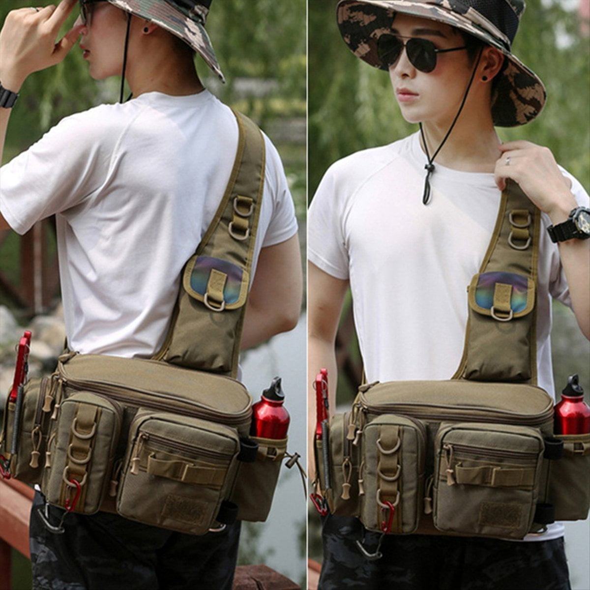 Fishing Tackle Backpack Lure Box Gear Storage Bag Fanny Pack Fly Fishing Backpack with Rod Holder Sling Shoulder Bag-C