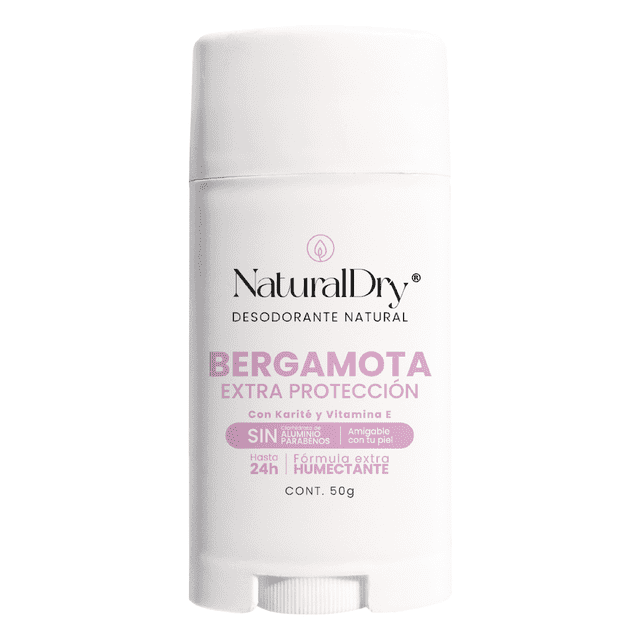 NaturalDry Desodorante Natural Barra Bergamota Extra Protección Alumbre Potasio Sin Aluminio Parabenos Karité 24h 50g 3 pz