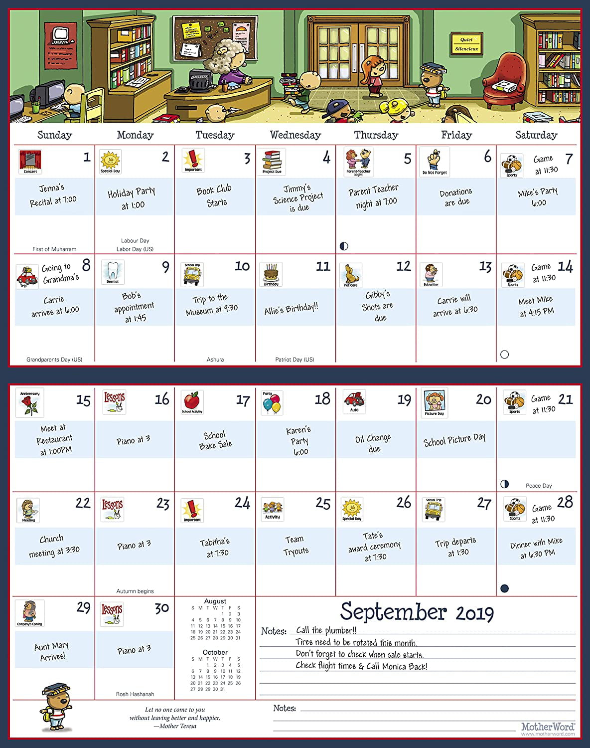 Sept 2019-Dec 2020 English Medium Side by Side Version MWMKT12820 16-Month 15 x 9.5 MotherWord Ultimate Family Magnetic Hanging Calendar 