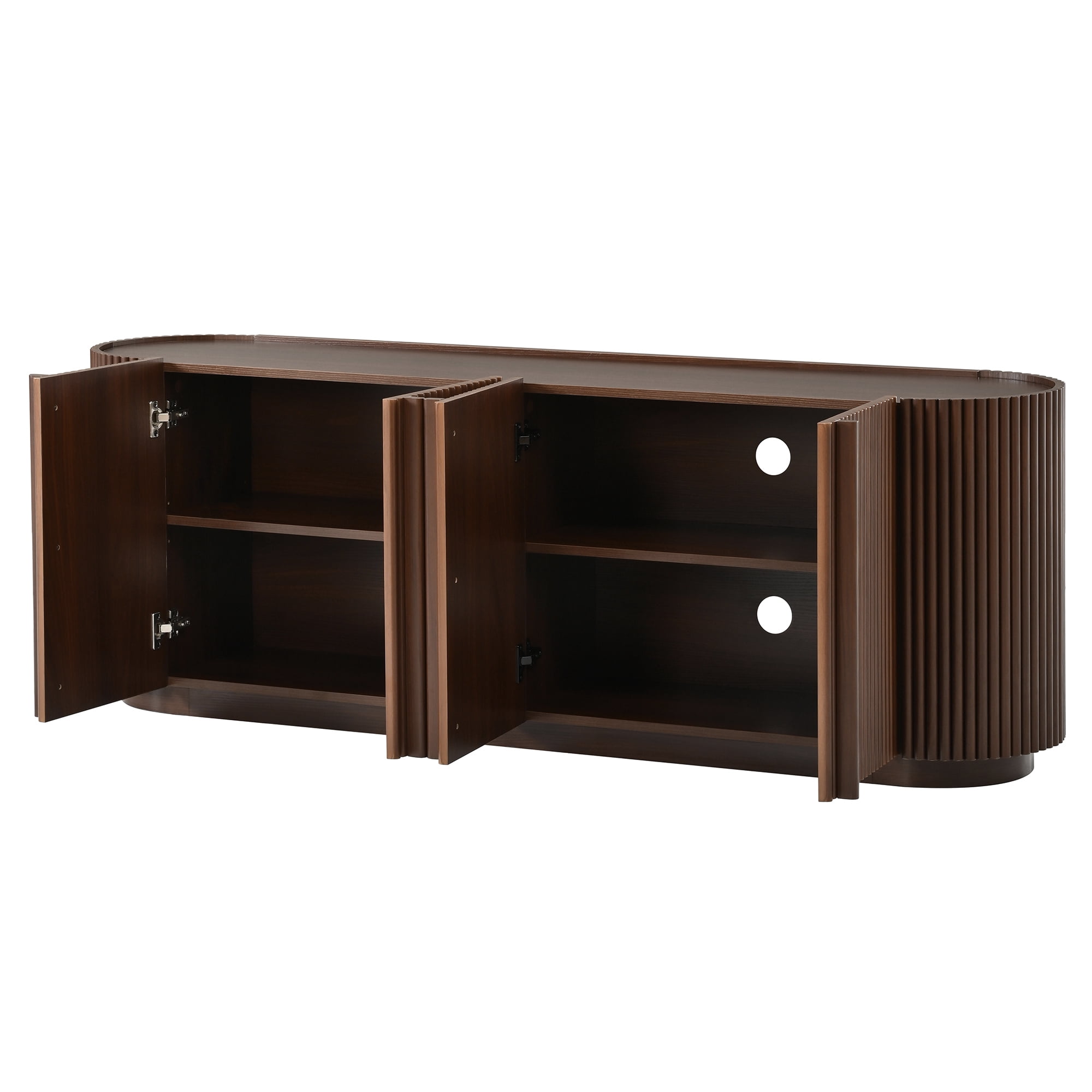 Leumius Mid Century Wood TV Stand with Fluted Tambour-Style Door, Farmhouse Media Console with Adjustable Shelves, Curved Edge TV Cabinet with Cable Management for Living Room, Walnut