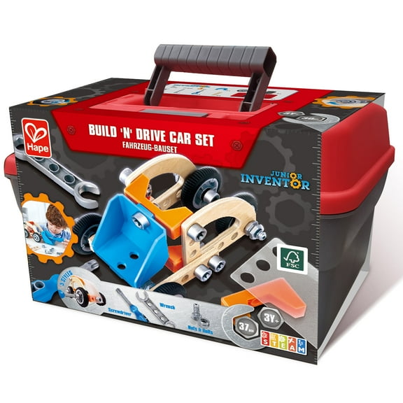 Hape: Junior Inventor: Build 'N' Drive Car Set - 37pcs, Vehicle Buidling Toy Kit, Design & Construction, Store Install Toolbox, STEM Learning, Kids 3 