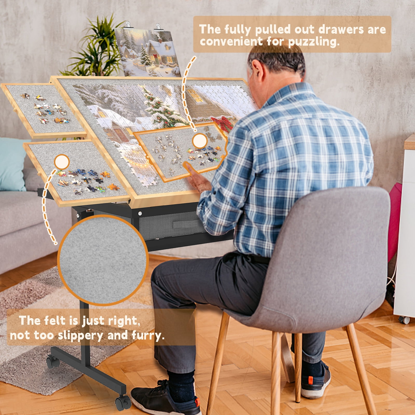 Jigsaw Puzzle Table 1500 Pieces with Drawer and Legs, Five Tilt Angle Adjustable, Portable Puzzle Table for Adults with Protective Cover, Natural Wood