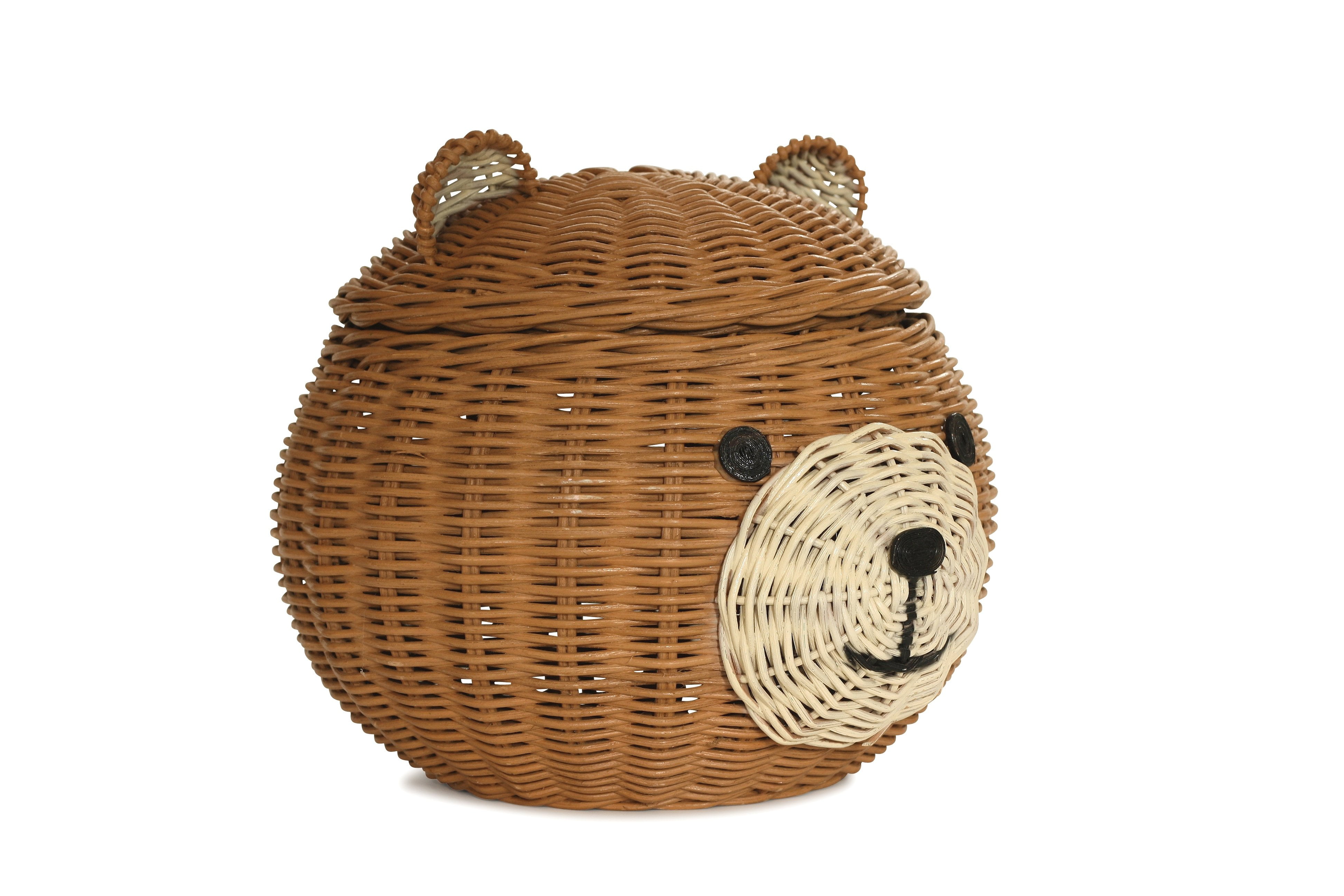 Bear Head Rattan Storage Basket with Lid Decorative Home Decor Hand Woven Shelf Organizer Cute Handmade Handcrafted Gift Art Decoration Artwork Wicker