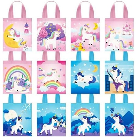 24pcs Halloween Unicorn Canvas Tote Bag Bulk Reusable Candy Grocery Shopping Gift Mini Canvas Bags 12 Patterns Unicorn Design for Halloween Party Supplies Favors