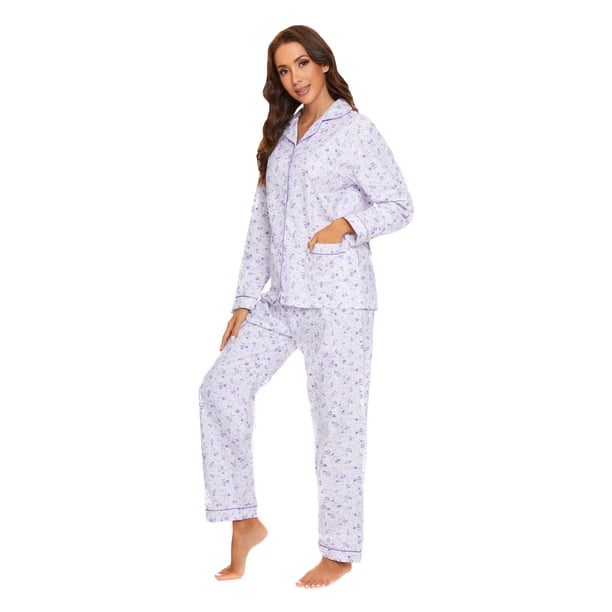 GLOBAL Conjunto de Pijamas de Franela para Mujer, Pijamas 100% Algodón para Mujer, Ropa de Estar por Casa, Manga Larga, Botón, Cordón en la Cintura, Ropa de Dormir Cálida, Morado de Ensueño S