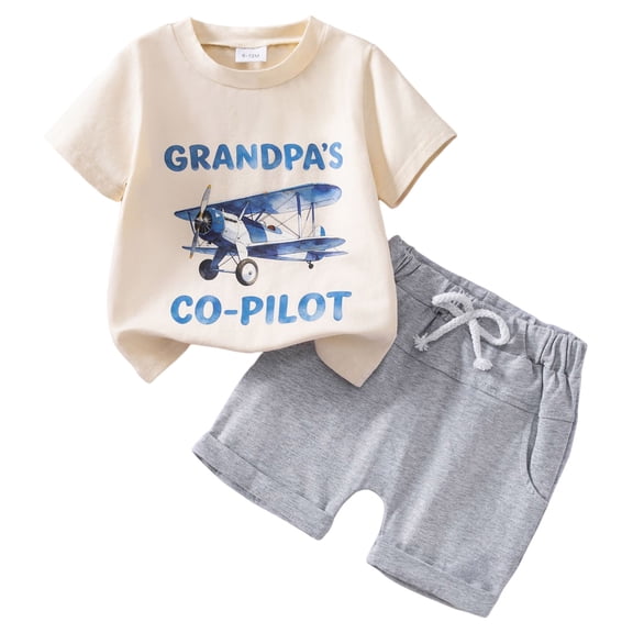 Xudanell Toddler Baby Boy Summer Clothes Short Sleeve Airplane Print Shirt and Elastic Waist Shorts Sets Summer Outfit 2Pcs (Beige, 6-12 Months)