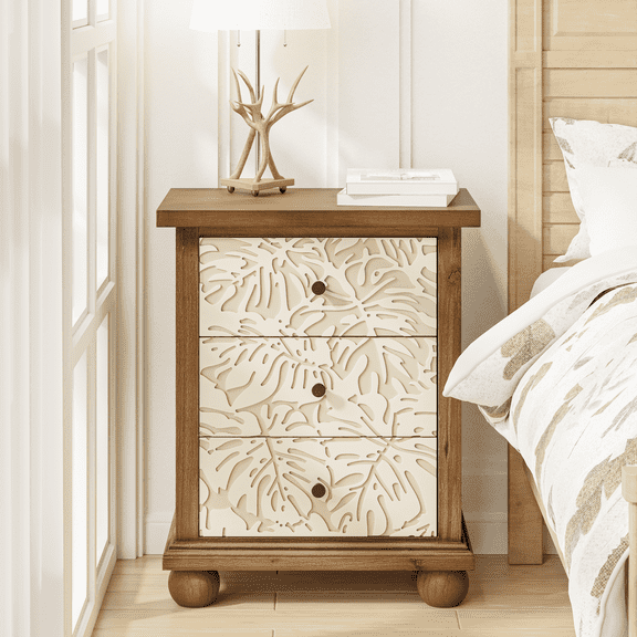 COZAYH Rustic Farmhouse 3-Drawer Nightstand with Leaves Pattern Carved, Vintage French Country End Table for Bedroom, Living Room, Distressed Finish, White & Brown