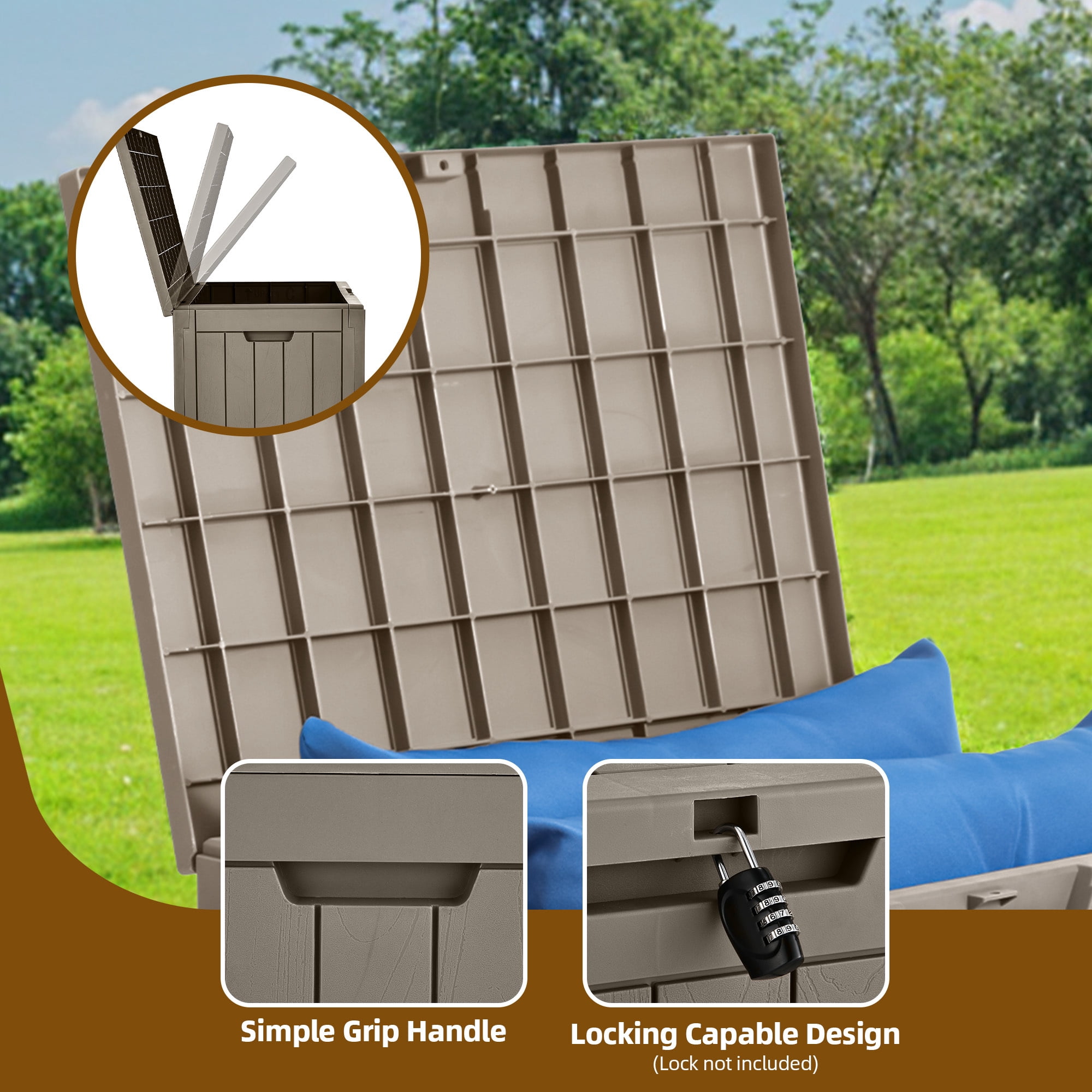 Uforic 30 Gallon Outdoor Storage Box, Weatherproof Lockable Resin Deck Box for Patio Furniture, Pool Accessories, Garden Tools and Supplies, Brown