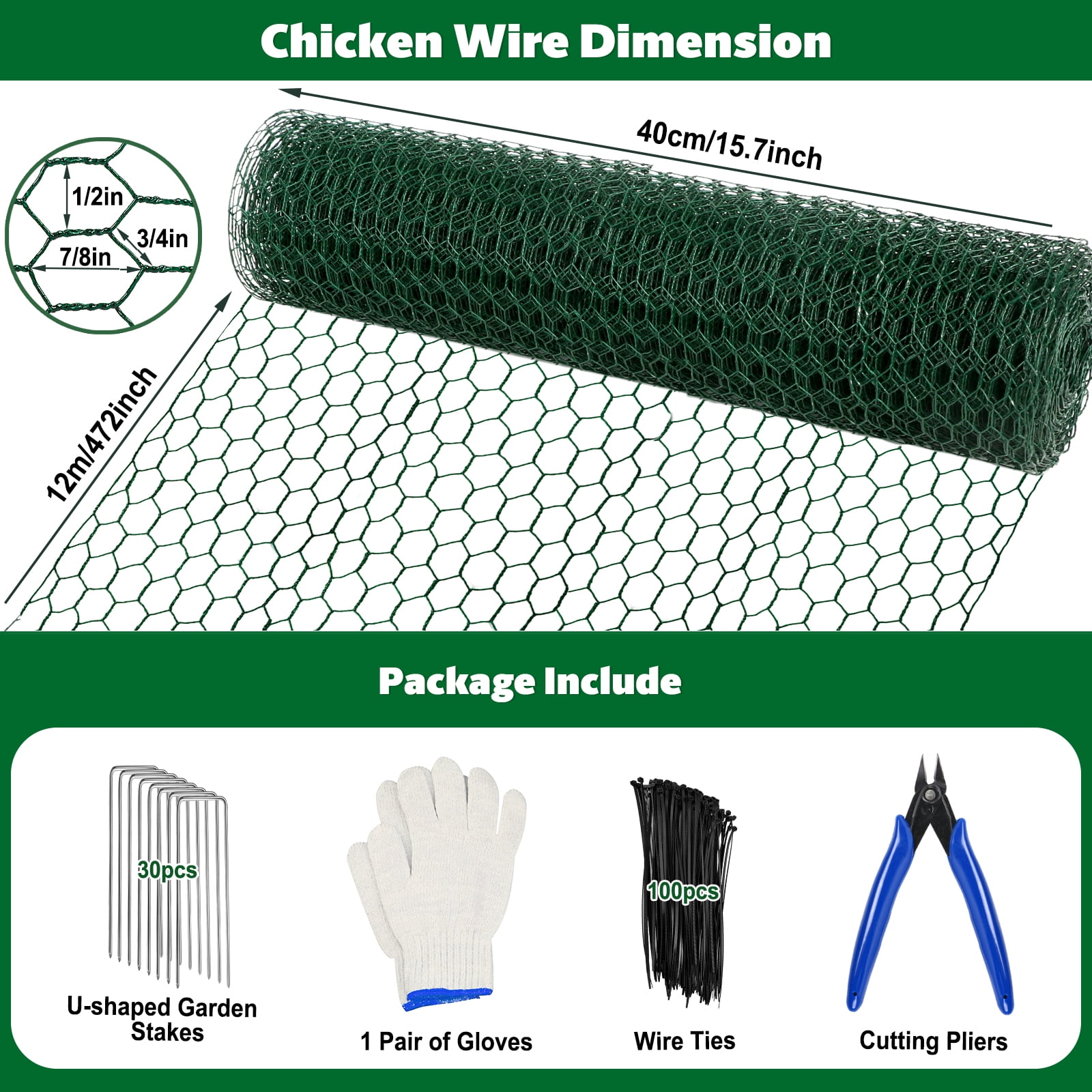 Green Chicken Wire Fencing, 15.7in(H) x 39.4 ft(L) Hexagonal Galvanized PVC Coated Netting Fence for Crafts, Poultry, Garden