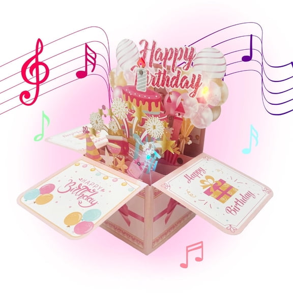 Happy Birthday Pop up Card with Warm Music, Funny 3D Birthday Gift Box with Envelope,Colorful Balloons,Cake,Fireworks Design Universal Birthday Greeting Card,Suitable for All, Pink