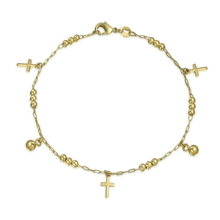 Amethyst Beaded Anklet (Mulit Crosses Religious Beads Bells Dangle Charm Anklet Ankle Bracelet 18k Gold Plated Brass Adjustable 10)