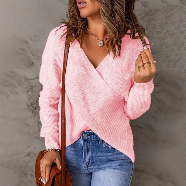 Pntutb moda mujer invierno sólido manga larga Pullove cuello en V Casual suéter tops Pntutb Pntutb-2200