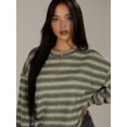 thumbnail image 4 of Women's Striped Sweater Waffle Knit Tops for Women Long Sleeve Shirts Light Weight Fall Tops Green S, 4 of 8