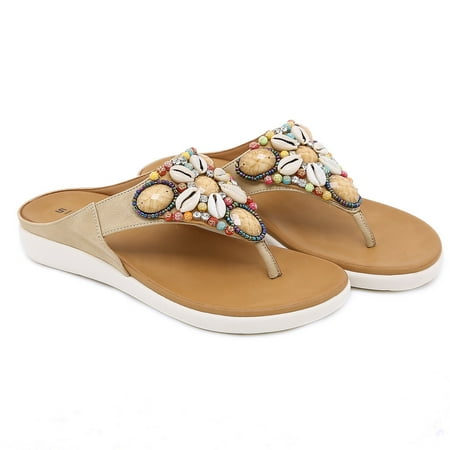 

Herrnalise Women s Shoes Summer Ethnic Style Slippers Beach Seaside Bohemian Retro Beaded Shell Mid Heels Sandals Flip Flops