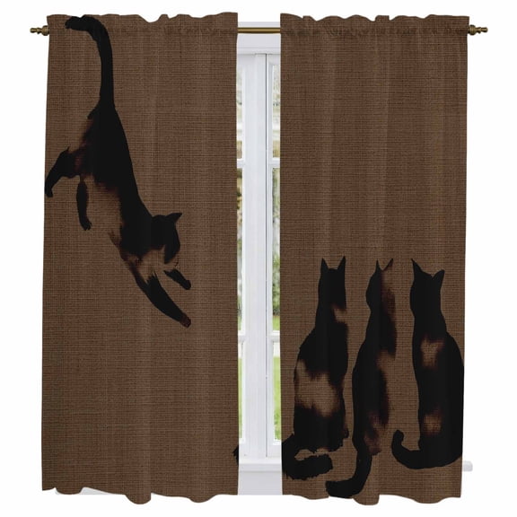 Black Brown Cat Kitchen Curtains 63 Inch Length, Retro Art Animals Rustic Tiers Curtains for Living Room Berdoom Bathroom, Light Filtering Drapes Rod Pocket Window Treatment 2 Panels 42"Wx63"L