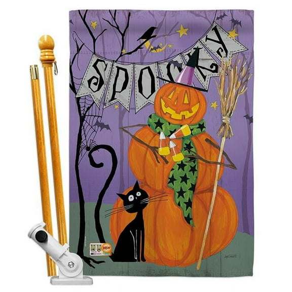 Breeze Decor BD-HO-HS-112085-IP-BO-D-US18-WA 28 x 40 in. Spooky Pumpkin Men Fall Halloween Impressions Decorative Vertical Double Sided House Flag Set with Pole Bracket & Hardware