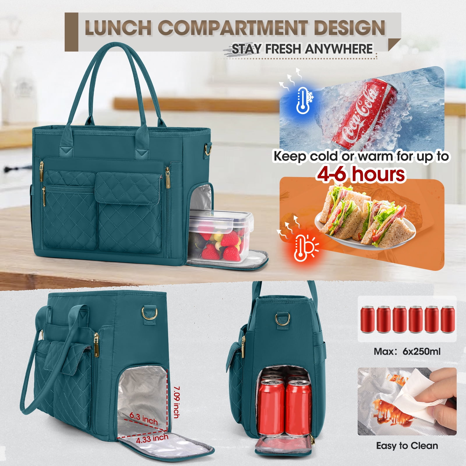 RAINSMORE Teacher Tote Bag with Insulated Lunch Compartment Lightweight 15.6 inch Laptop Bag for Women Work Bags Nurse Tote Bags,Green