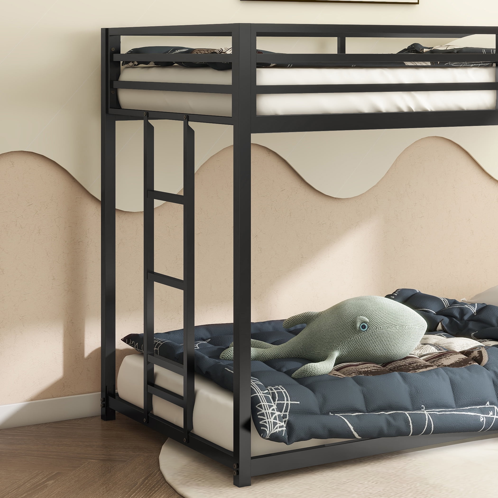 Sturdy Twin Over Twin Bunk Bed Metal Black For Kids And Adult, Low Profile Twin Over Twin Bunk Bed With Ladder And Guardrails, Easy Climbing, Beds For Bedroom