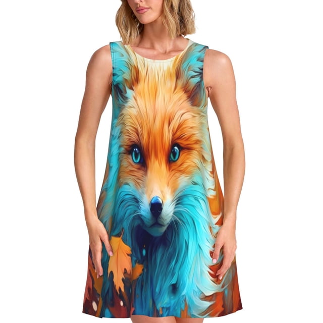 Fotbe Fiery Red Maple Leaf Fox Vestido de Verano sin Mangas para Mujer – Vestido Midi Línea A, Estilo Camiseta Floral, Vestido Playero Casual y Fluido
