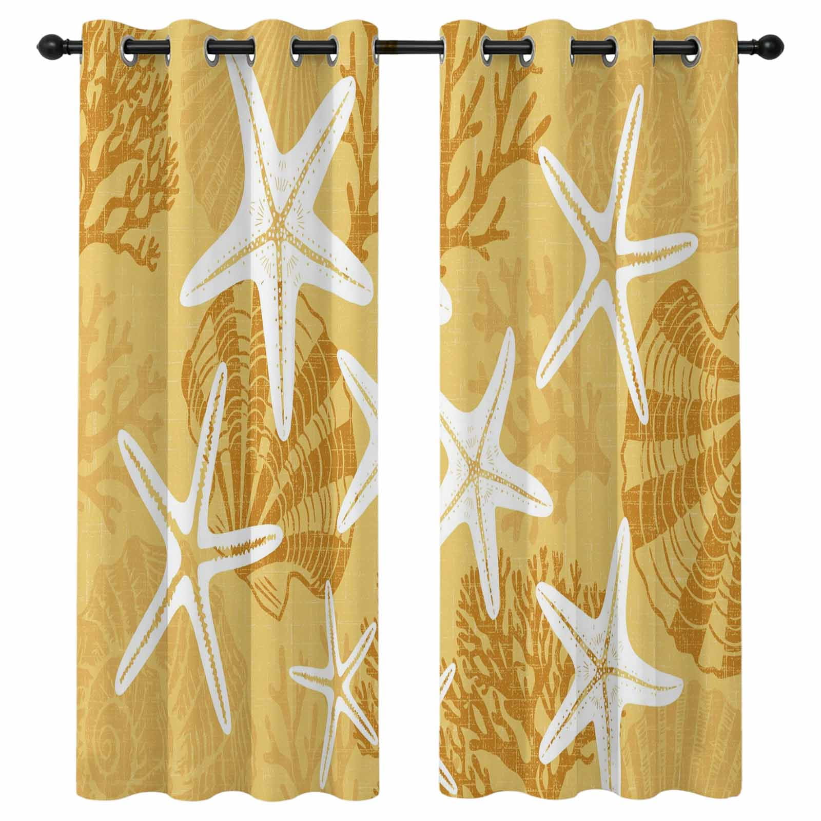 Yellow Coastal Starfish Blackout Curtains 63 Inches Long Sea Shell Coral Summer Beach Thermal Insulated Room Darkening Drapes with Grommets for Living Room 52 W x 63 L 2 Panels