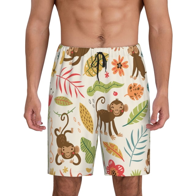 Balery Monkeys in the Jungle Pantalones cortos de pijama de punto de algodón para hombre con cinturilla y bolsillos-Large