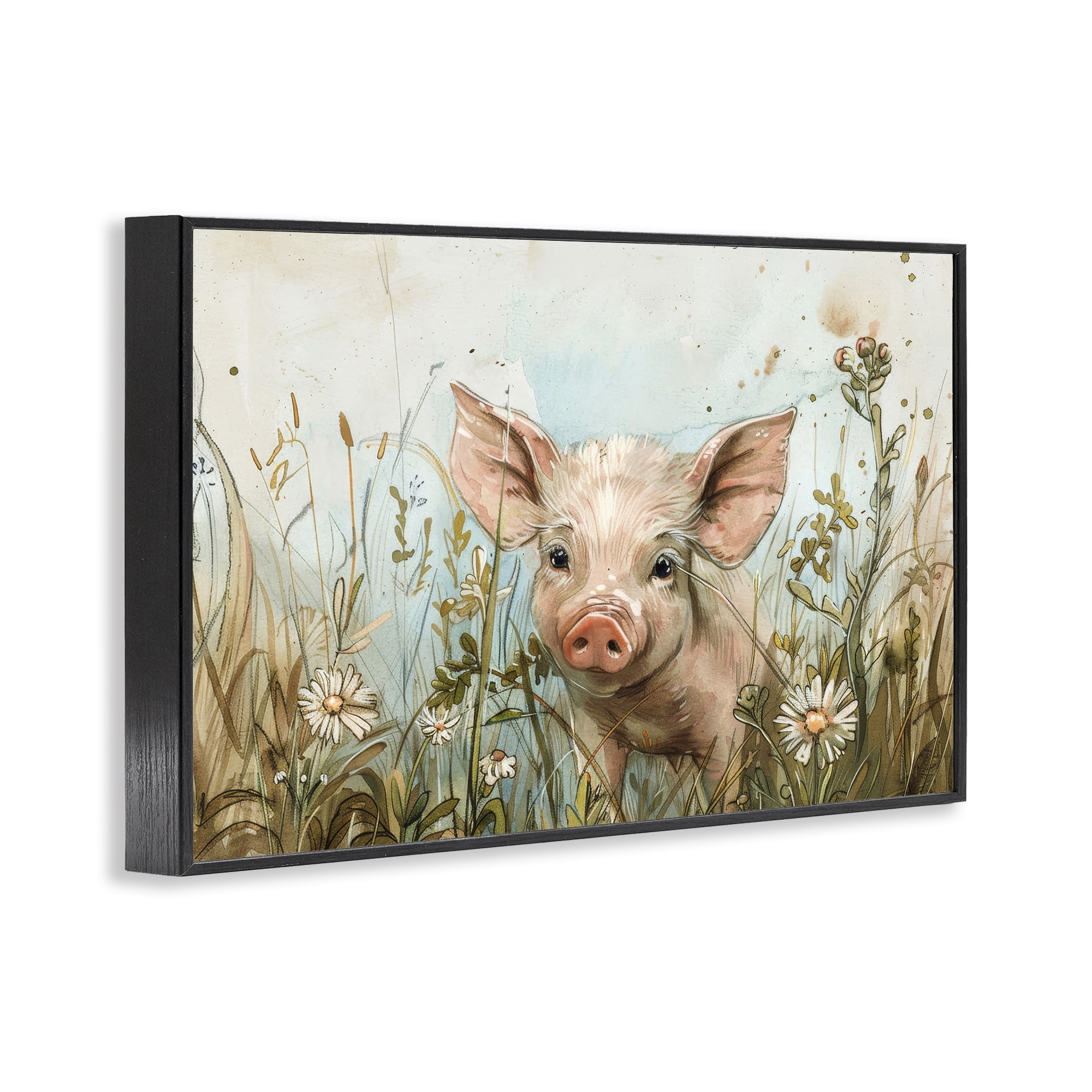 Stupell Industries Piglet Among Flowers Animals & Insects Painting Black Framed Art Print Wall Art, 24 x 16