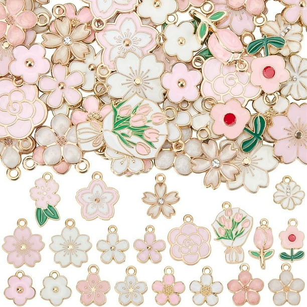 1 caja de 80 piezas de 20 estilos de dijes de flores rosas, dijes florales de aleación esmaltada a granel, dijes de flores lindas de primavera coloridas