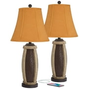 John Timberland Parker Rustic Table Lamps 28 1/2" Tall Set of 2 Hammered Bronze with USB Charging Port Faux Wood Rust Shade for Bedroom House Home