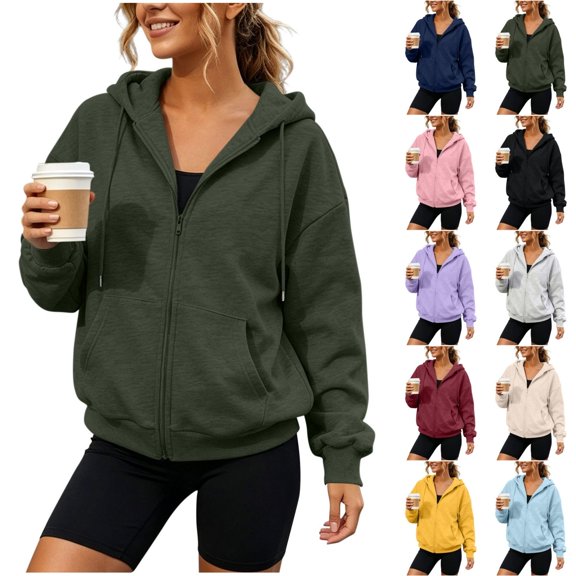 Qingpeng Womens Hooded Jackets Long Sleeve Zipper Up Casual Workout Hoodies Drawstring Loose Fit Tops Fall Winter Fashion Outfits