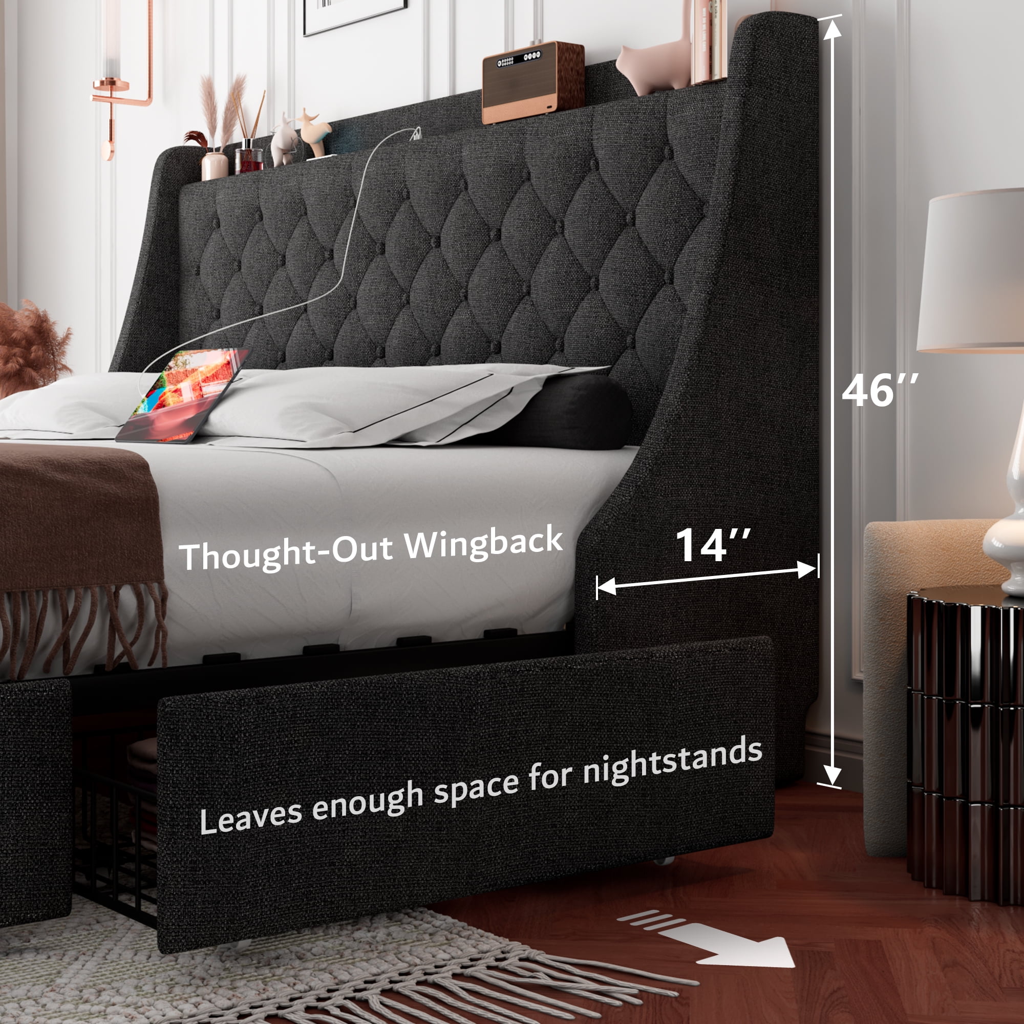 Virans King Bed Frame with 4 Storage Drawers, Upholstered Platform Bed Frame with Type-C & USB Ports, Wingback Storage Headboard, Dark Gray