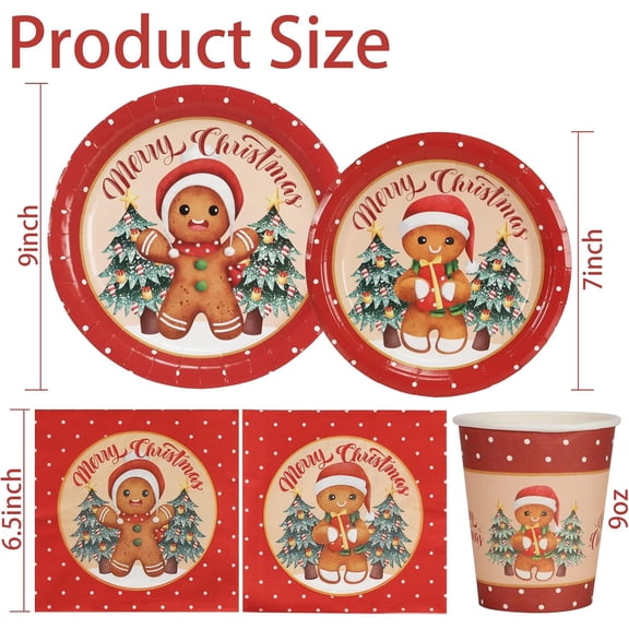 YUYAN-100 Pieces Gingerbread Christmas Decorations Set Serves 25 Christmas Party Disposable Tableware Gingerbread Man Paper Plates Napkins Cups for Xmas Gingerbread Theme Party Supplies