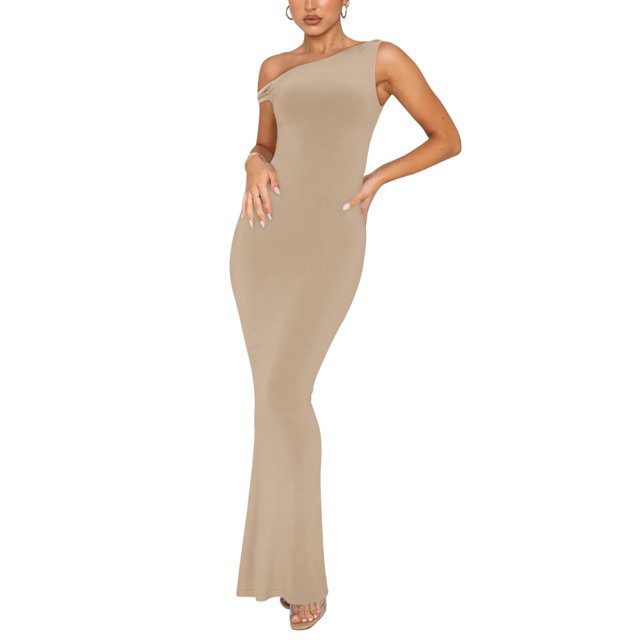 Vestido largo REORIA sin mangas acanalado de un solo hombro - Khaki S
