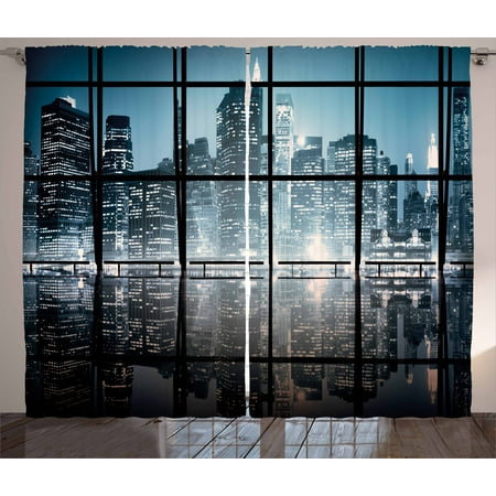 New York Giants Drapes - Modern Decor Curtains 2 Panels Set, Modern New York City Scenery at Night with Skyscrapers Buildings, Window Drapes for Living Room Bedroom, 108W X 84L Inches, Black and Dark Blue, by Ambesonne