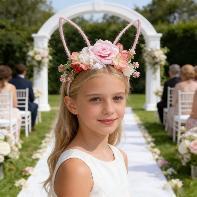 Diadema de corona de Pascua con orejas de conejo, diadema floral estilo bosque, accesorio para el cabello con flores artificiales. Diadema de plástico.