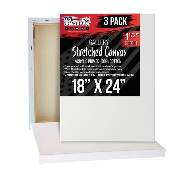 U.S. Art Supply 18" x 24" Gallery Depth 1-1/2" Profile Stretched Canvas 3-Pack - Acrylic Gesso Triple Primed 12-ounce 100% Cotton Acid-Free Back Stapled