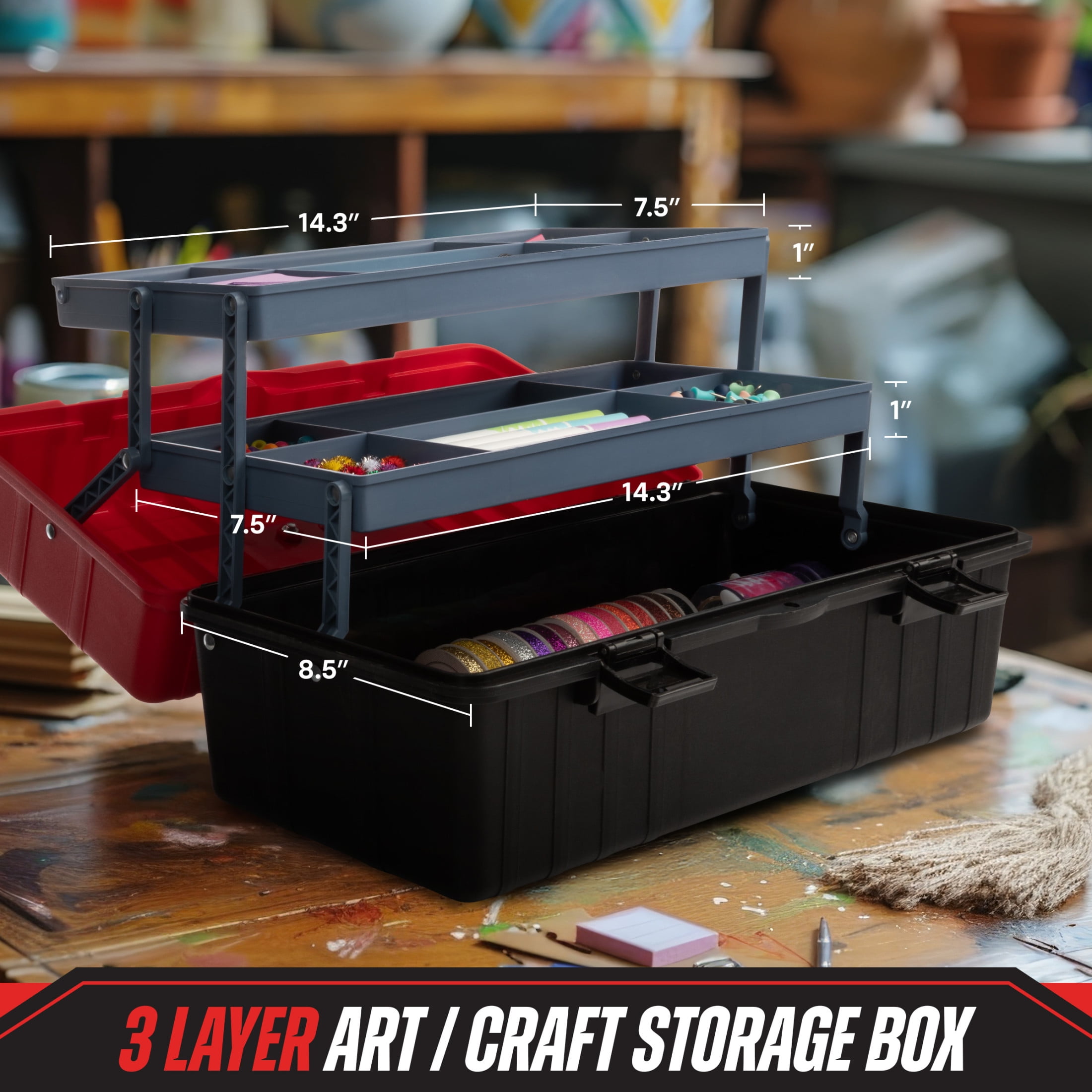 Stalwart Plastic Tool Box Organizer - 15.94in 3-Tier Portable Toolbox or Tackle Box Organizer, Red