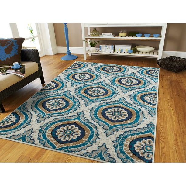 Contemporary Area Rugs Ivory 5x7, Cream Gray And Blue Area Rugs