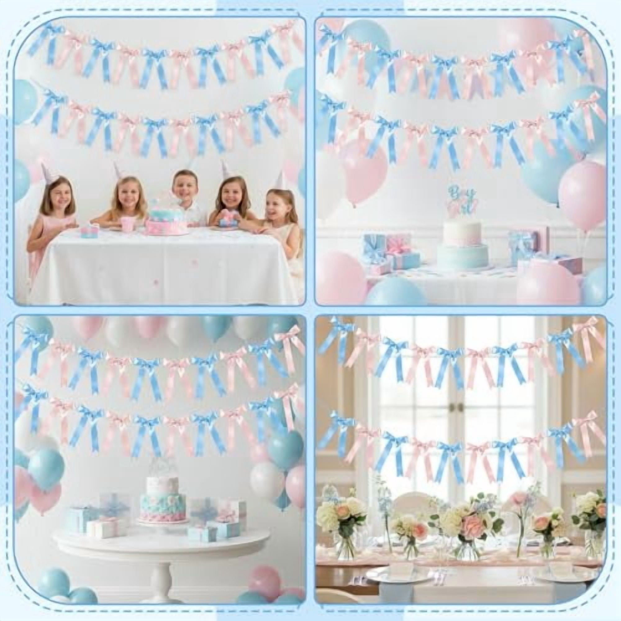 2 Pack Pink and Blue Satin Ribbon Garland Banner for Gender Reveal Parties, Baby Showers, Weddings and Birthday Celebrations with Pre-Strung Bows and Decorative Accents